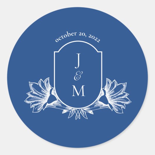 Marseilles Bleu Floral Wedding Monogram Wappen Runder Aufkleber (Vorderseite)