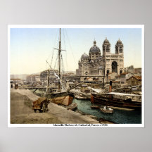 Marseilles Harbour & Cathedral 1900 antique Frankr