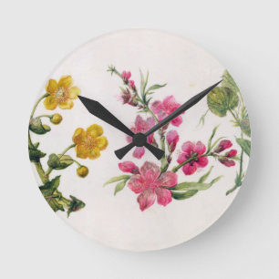 Marsh Marigold, Japonica, Violet (w/c on paper) Runde Wanduhr