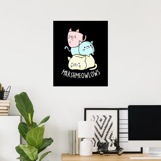 Marsh-meow Funny Cat Marshmallow Pun Dark BG Poster (Heimbüro)