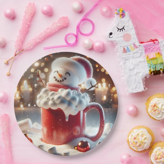 Marshmallow Snowman in heißer Schokolade Pappteller (Party)