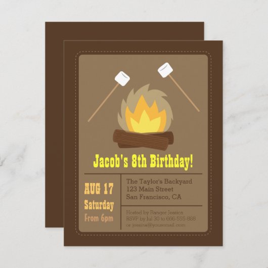 Marshmallows Bonfire Geburtstagsparty Einladungen (Vorne/Hinten)