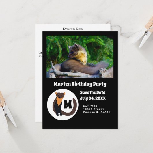 Marten Birthday Party Foto Monogram Einladung (Vorderseite/Rückseite Beispiel)