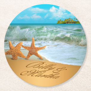 Martha Starfish Couple FRAGTE 4 IHRE NAMEN IN SAND Runder Pappuntersetzer