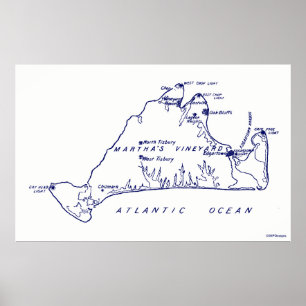 Martha's Vineyard Vintag Map #1 Navy Blue Poster