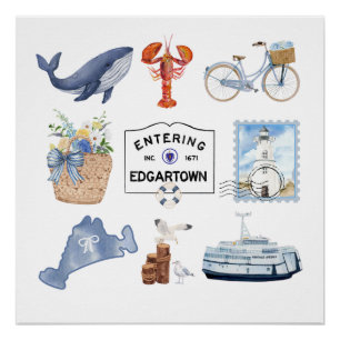 Marthas Vineyard Watercolor Icons Poster