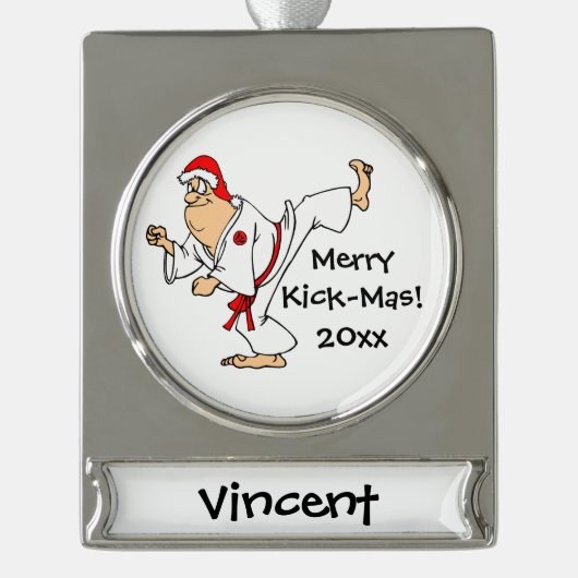 Martial Arts Merry Kick-Mas Weihnachten Banner-Ornament Silber (Vorderseite)