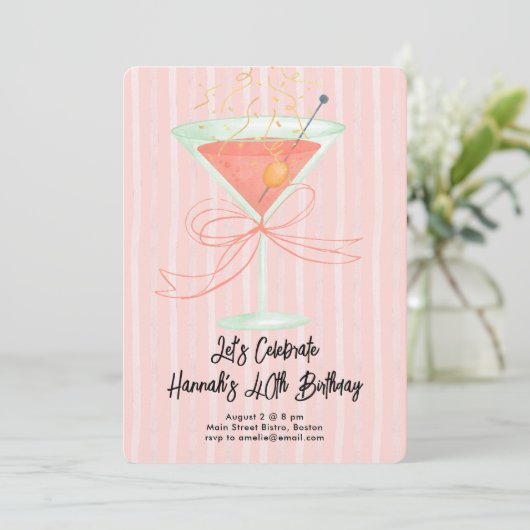 Martini and a Bow Milestone Birthday Einladung (Stehend Vorderseite)
