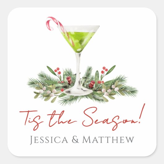 Martini and Mistletoe Candy Cane Cocktail Couples Quadratischer Aufkleber (Vorderseite)