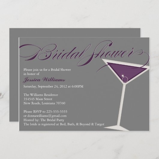 Martini-Brautparty| Lila Einladung (Vorne/Hinten)