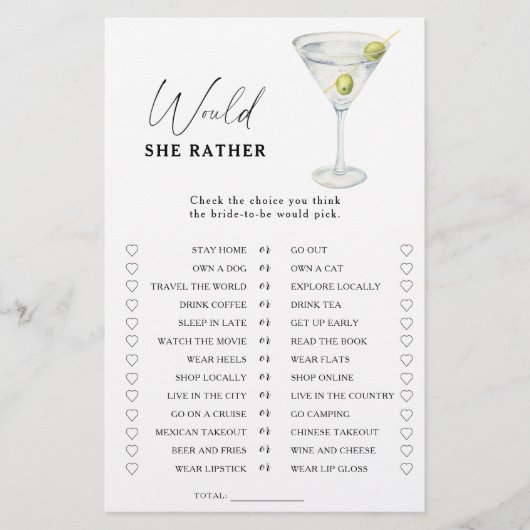 Martini Brautparty Möchten sie lieber spielen (Vorderseite)