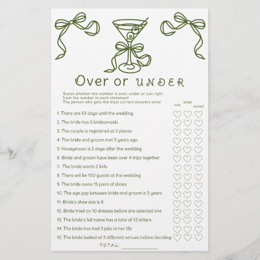 Martini-Brautparty Over oder unter Spiel (Vorderseite)