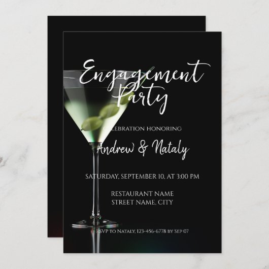 Martini-Cocktail auf schwarz Einladung (Vorne/Hinten)