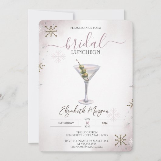 Martini, Cocktail, Schneeflocken Bridal Luncheon Einladung (Vorderseite)