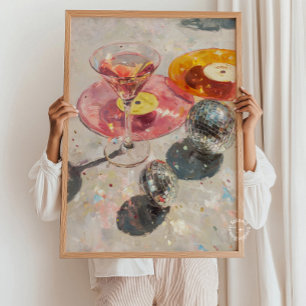 Martini & Disco Ball Kunstprint: Hellrosa Barwagen Poster