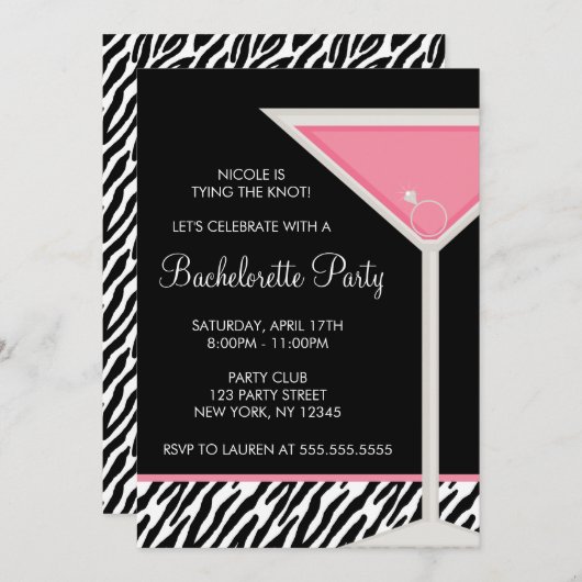 Martini-Glas und Diamantring-Junggeselinnen-Abschi Einladung (Vorne/Hinten)