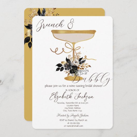 Martini Glass Black Rose Brunch & Bubbly Einladung (Vorne/Hinten)