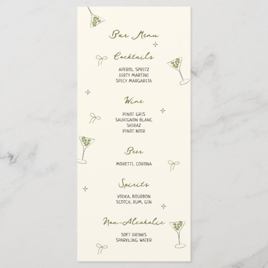 Martini handgezeichnetes zweiseitiges Abendessen u Menükarte (Rückseite)