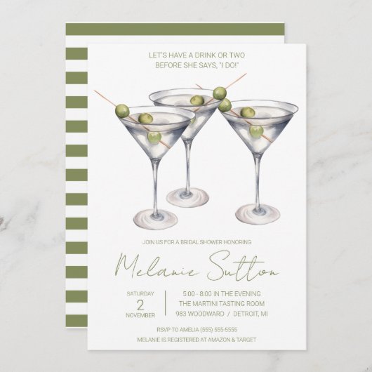 Martini mit Oliven, Cocktail Drink, Brautparty Einladung (Vorne/Hinten)