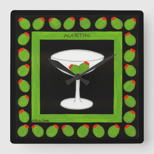 Martini Retro Drink Grüne Oliven auf schwarz Quadratische Wanduhr (Vorderseite)
