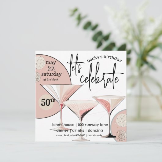 Martini Retro | Rosa | Elfenbein | Muster Einladung (Stehend Vorderseite)