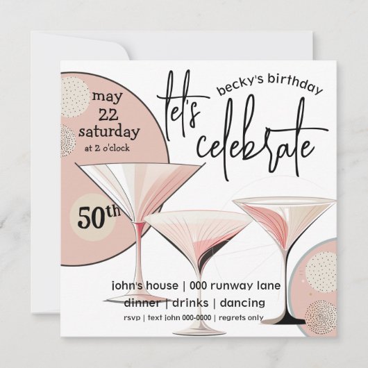 Martini Retro | Rosa | Elfenbein | Muster Einladung (Vorderseite)