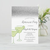 Martini Silver Glitzer Bokeh Green Retirement Einladung (Stehend Vorderseite)