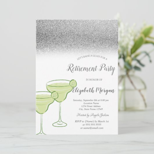 Martini Silver Glitzer Bokeh Green Retirement Einladung (Stehend Vorderseite)