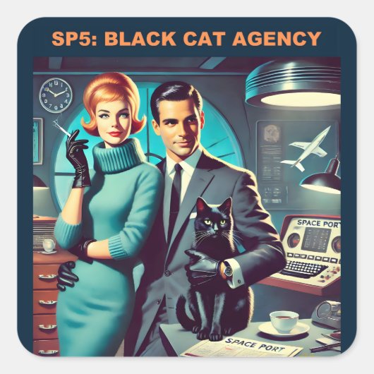 Martini Space Travel Poster SP5: Black Cat Agency Quadratischer Aufkleber (Vorderseite)