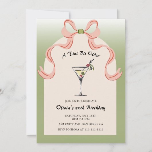 Martini Tini Bit Ältere Cocktail Erwachsene Geburt Einladung (Vorderseite)