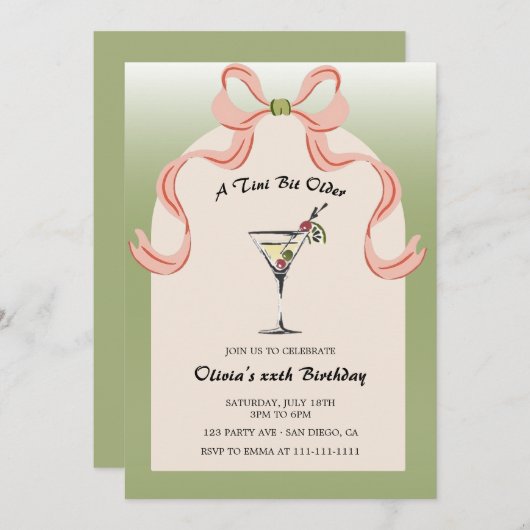 Martini Tini Bit Ältere Cocktail Erwachsene Geburt Einladung (Vorne/Hinten)
