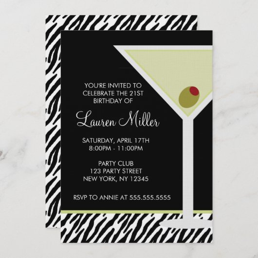 Martini- und Zebra-Muster Einladung (Vorne/Hinten)