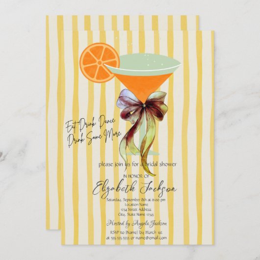 Martini Yellow Stripes Bow Bridal Shower Einladung (Vorne/Hinten)