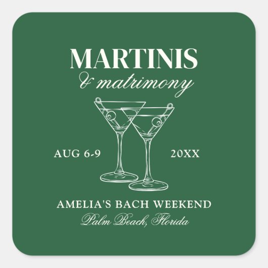 Martinis & Matrimony Bachelorette Wochenende Quadratischer Aufkleber (Vorderseite)