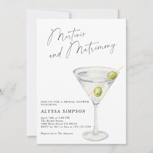 Martinis und Matrimony Brautparty Einladung (Vorderseite)