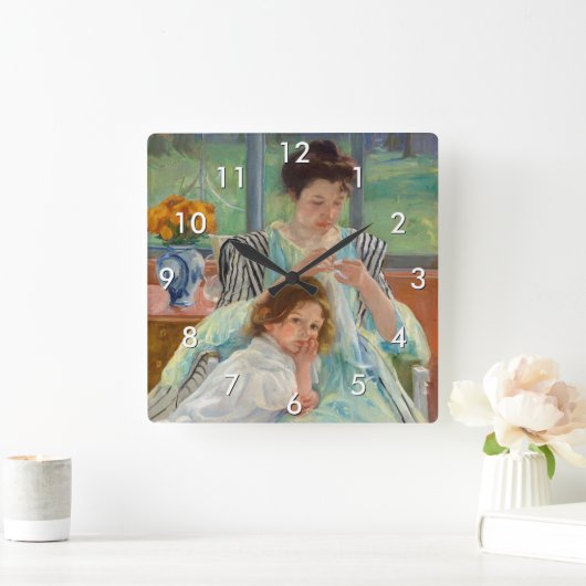 Mary Cassatt - Jungmütternähen Quadratische Wanduhr (Zuhause)