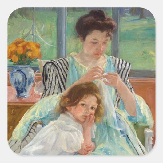 Mary Cassatt - Jungmütternähen Quadratischer Aufkleber (Vorderseite)