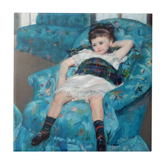 Mary Cassatt - Kleines Mädchen in einem blauen Ses Fliese (Vorderseite)