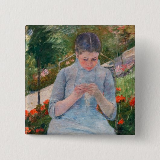 Mary Cassatt - Mädchen nähen im Garten Button (Vorderseite)