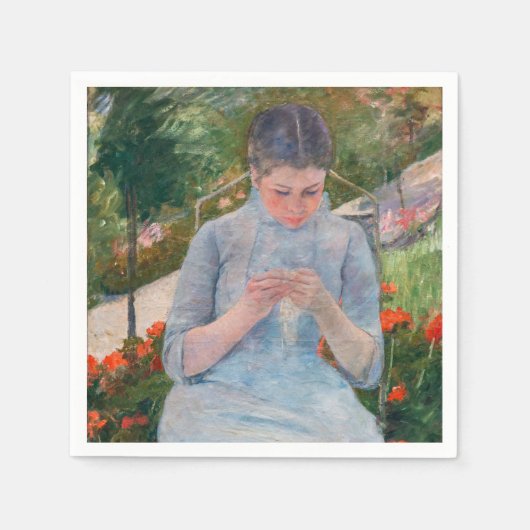 Mary Cassatt - Mädchen nähen im Garten Serviette (Vorderseite)