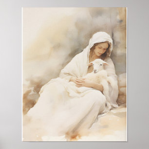 Mary Holding Lamb Wasserfarben Kunst drucken Poster