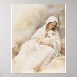 Mary Holding Lamb Wasserfarben Kunst drucken Poster
