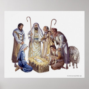 Mary, Joseph und Hirten, die den Säugling Jesus um Poster