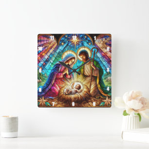 Mary und Joseph Adoring Baby Jesus Quadratische Wanduhr