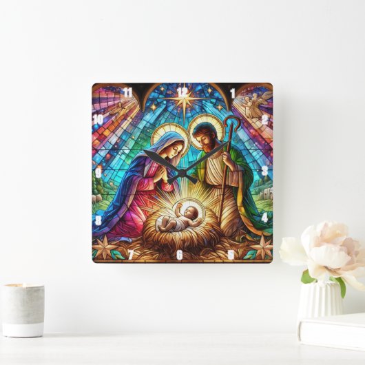 Mary und Joseph Adoring Baby Jesus Quadratische Wanduhr (Zuhause)