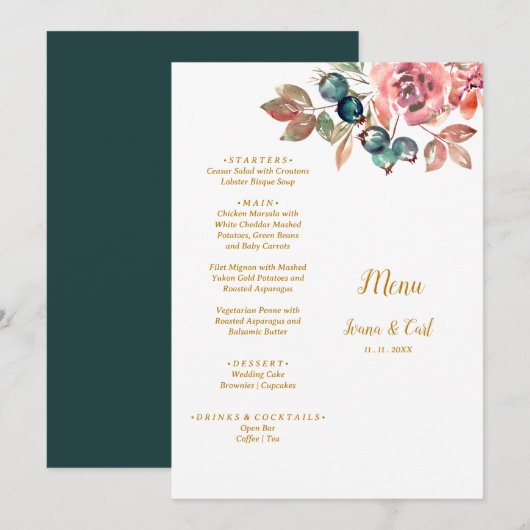 MARY Watercolor Rose Emerald Green Wedding Menükarte (Vorne/Hinten)
