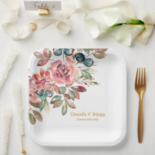 MARY Watercolor Rose Emerald Green Wedding Pappteller