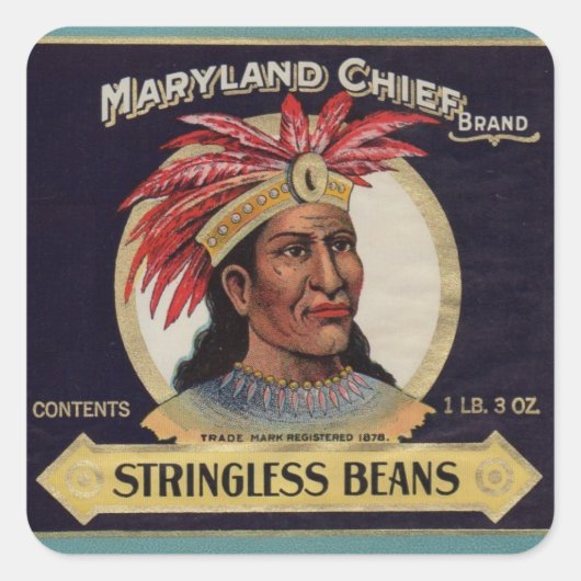 Maryland Chief Stringless Beans Label der 1930er J Quadratischer Aufkleber (Vorderseite)