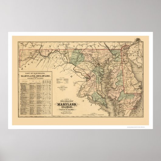 Maryland & Delaware Eisenbahn Karte 1876 Poster (Vorne)