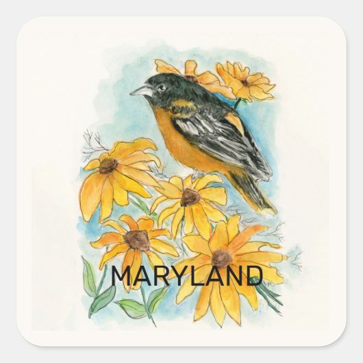 Maryland-Vogel und Blume Quadratischer Aufkleber (Vorderseite)